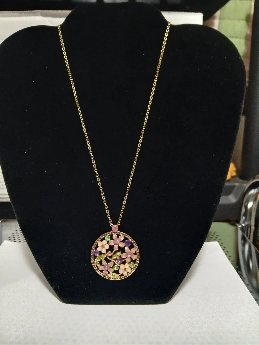 Gold Tone Round Floral Multicolor Crystal Pendant Necklace
